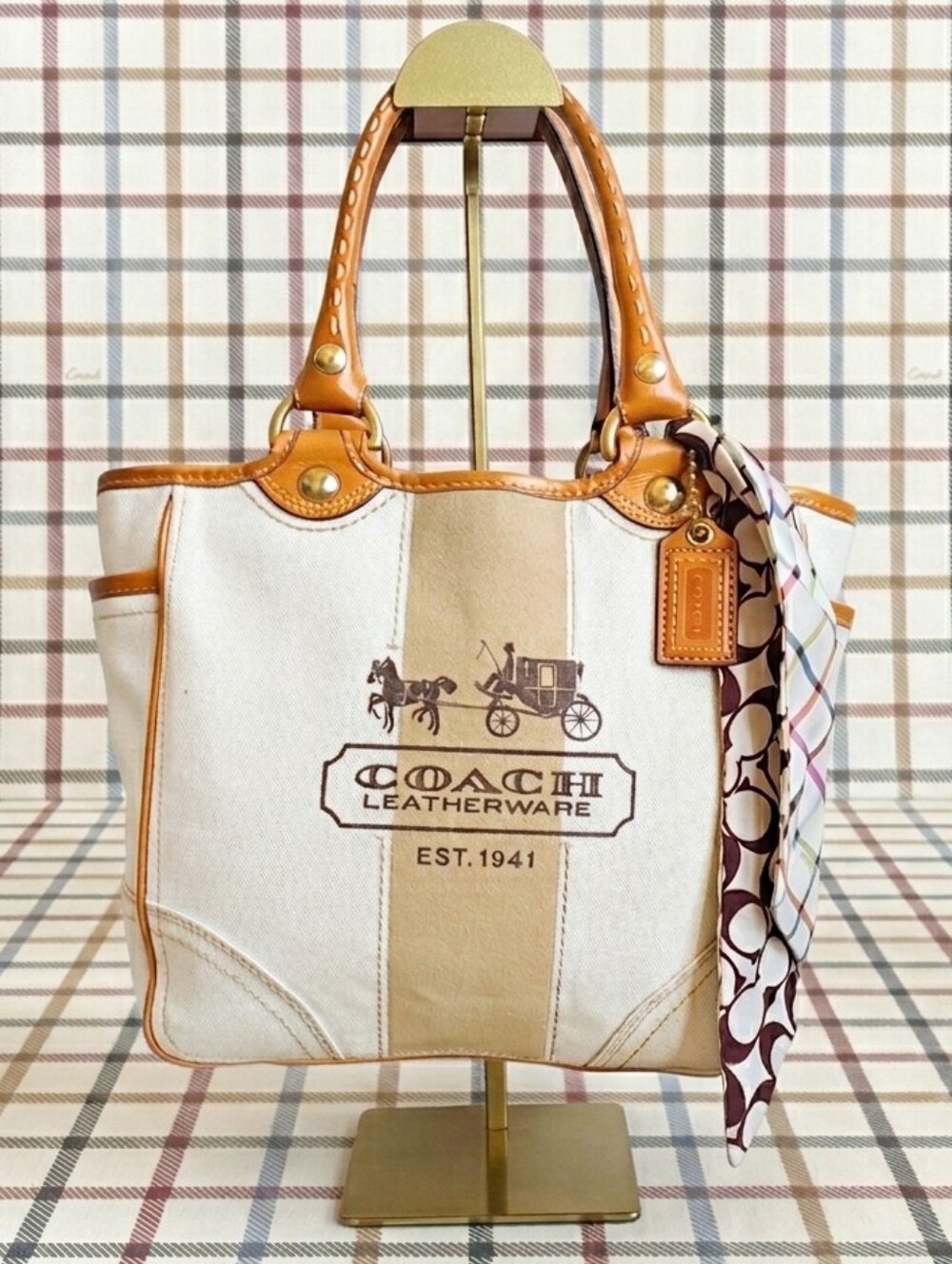 ​Coach 2007 Heritage Stripe Canvas Tattersall Tote Bag #11791 w/ Silk Scarf